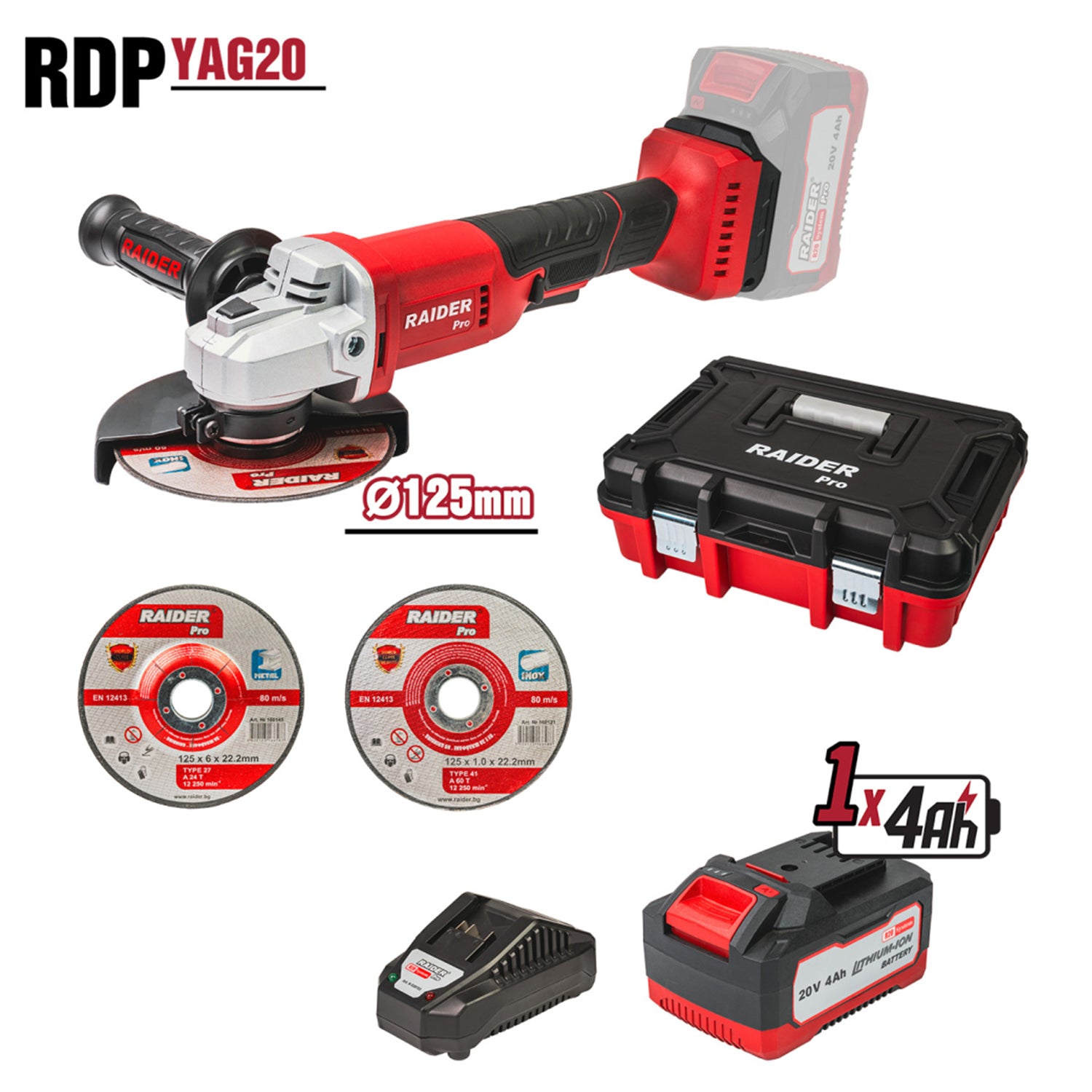 Γωνιακός Τροχός 125mm Με Μπαταρία R20 4Ah 2 Δίσκοι Κοπής Και Πλαστική Θήκη RAIDER PRO RDP-AG75
