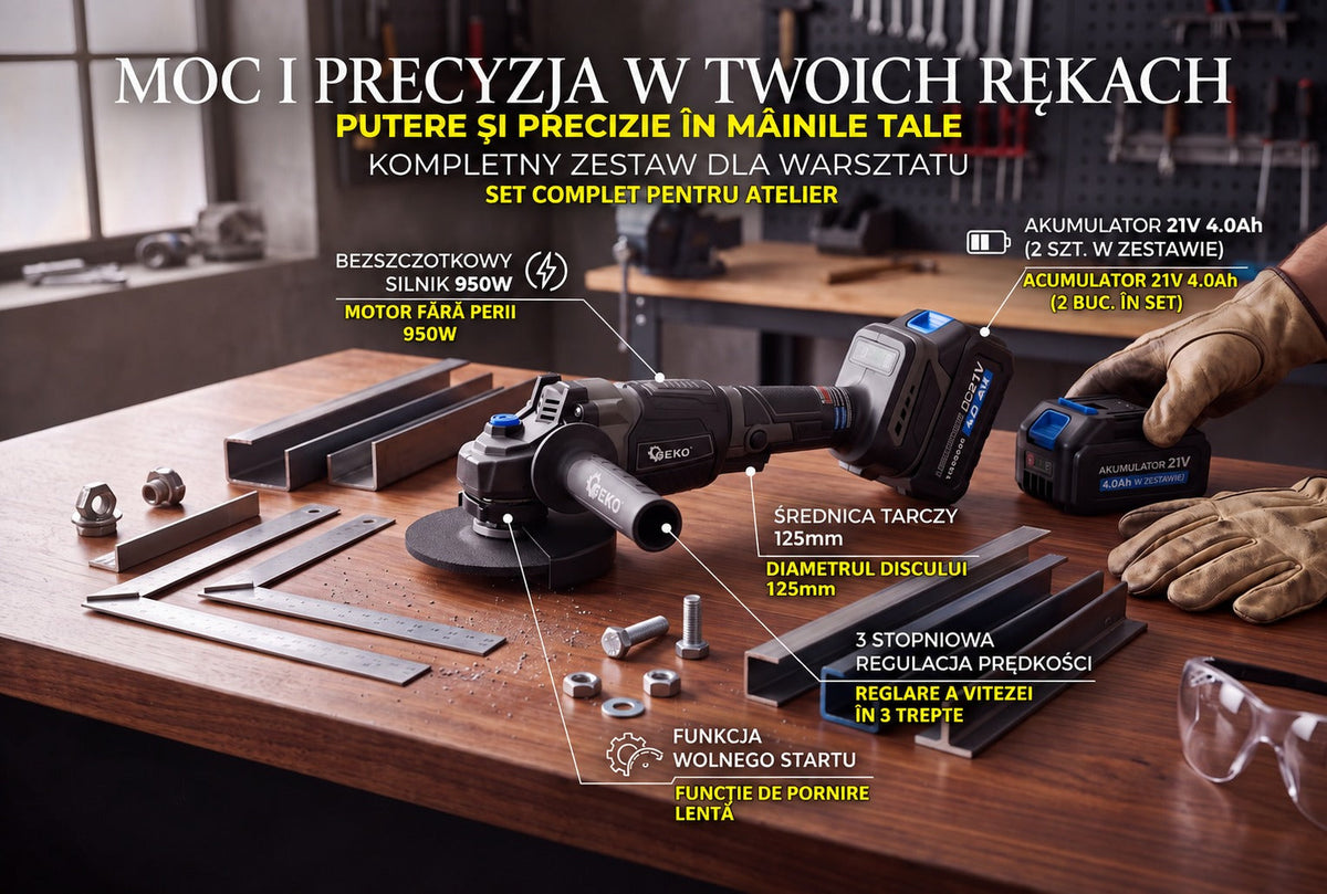 Επαναφορτιζόμενος Γωνιακός Τροχός 125mm 950W 21V Mε 2 Μπαταρίες 4Αh GEKO