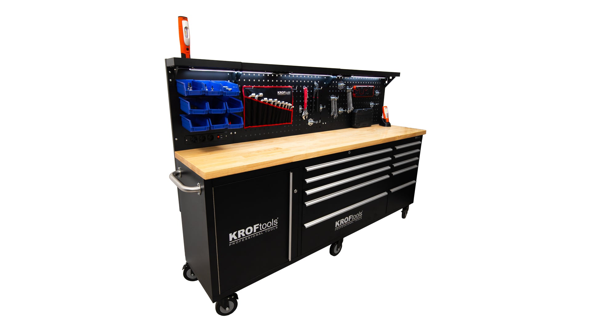 Πάγκος Εργασίας Μεταλλικός Επαγγελματικός Με 10 Συρτάρια,Επιφάνεια Ξύλου Μασίφ, Led Φωτισμό, Πρίζες 230V, Θύρα USB, Μήκος 213cm