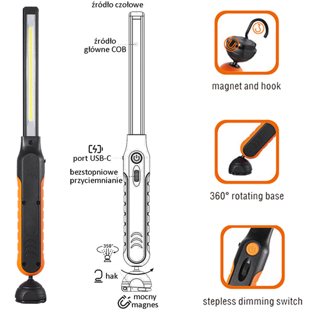 Λάμπα Εργασίας Led Επαναφορτιζόμενη 1000Lm Με Μπαταρία 2000mAh Και Ρύθμιση Έντασης Dimmer VERKE