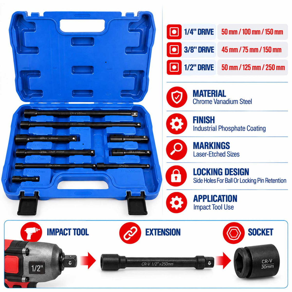 Σετ Προεκτάσεις Για Καρυδάκια 1/4" 3/8" 1/2" 9Τμχ GEBO TOOLS