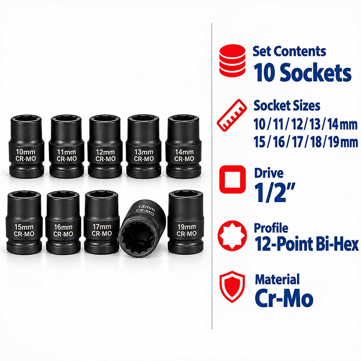 Σετ Καρυδάκια Πολύγωνα Κρουστικά Κοντά 1/2" 10Τμχ GEBO TOOLS