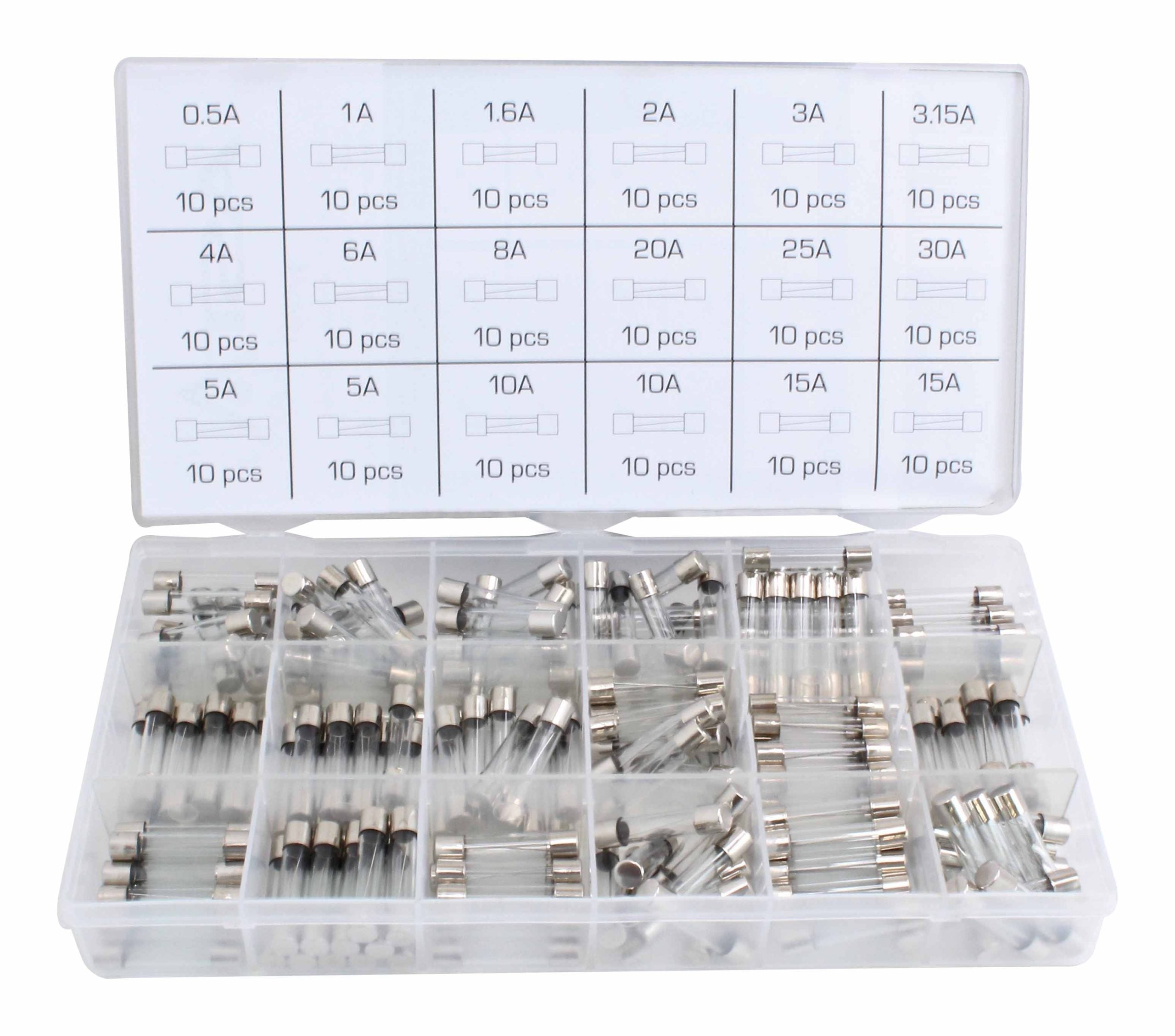 Σετ Γυάλινες Ασφάλειες Αυτοκινήτου 6X30Mm, 0.5A-30A, 180 Τεμαχίων