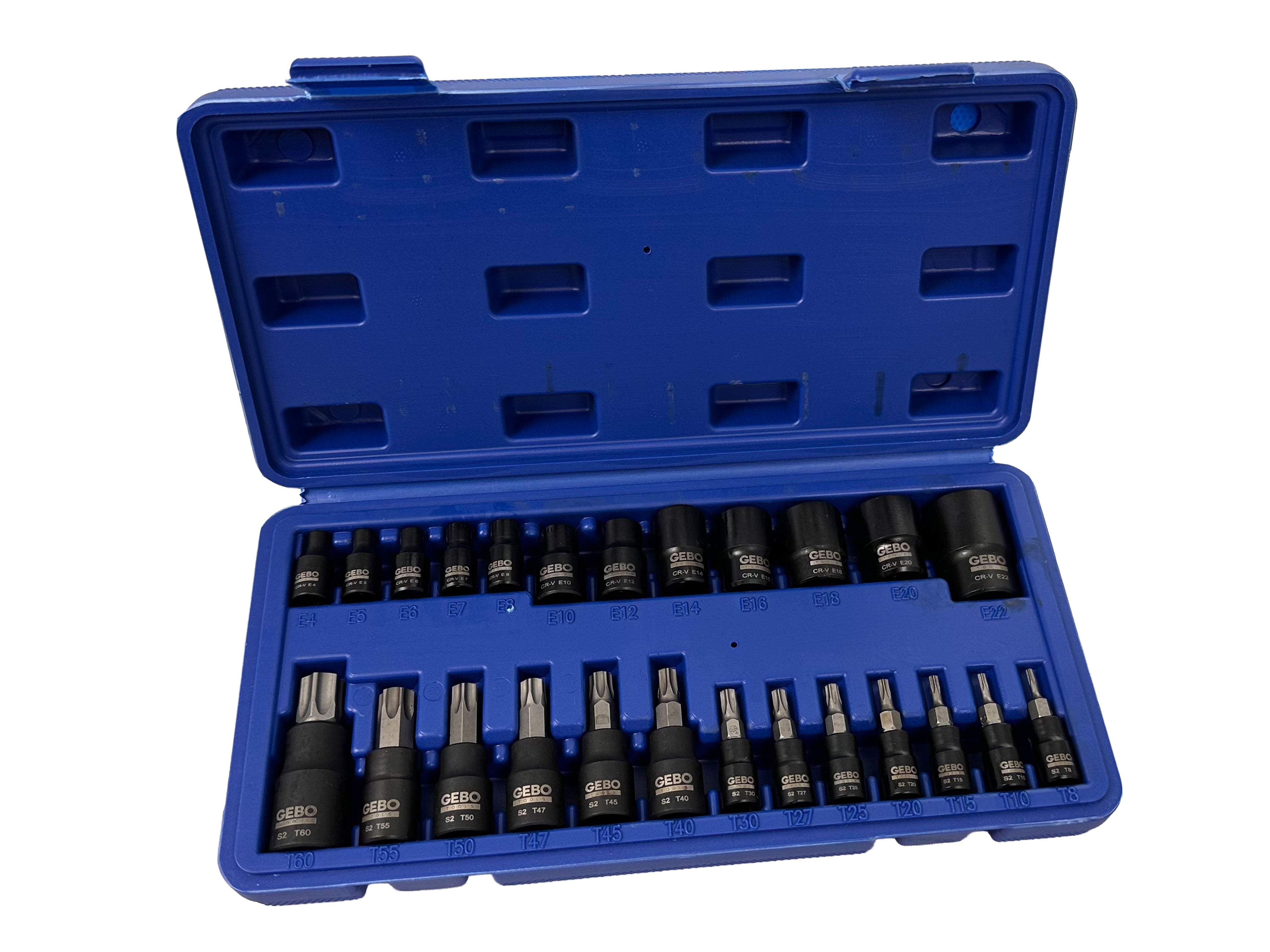 Σετ Μύτες Καρυδάκια Torx T8-T60 Προφίλ Ε Ε4-Ε20 1/4" 3/8" 1/2" 25Τμχ GEBO TOOLS