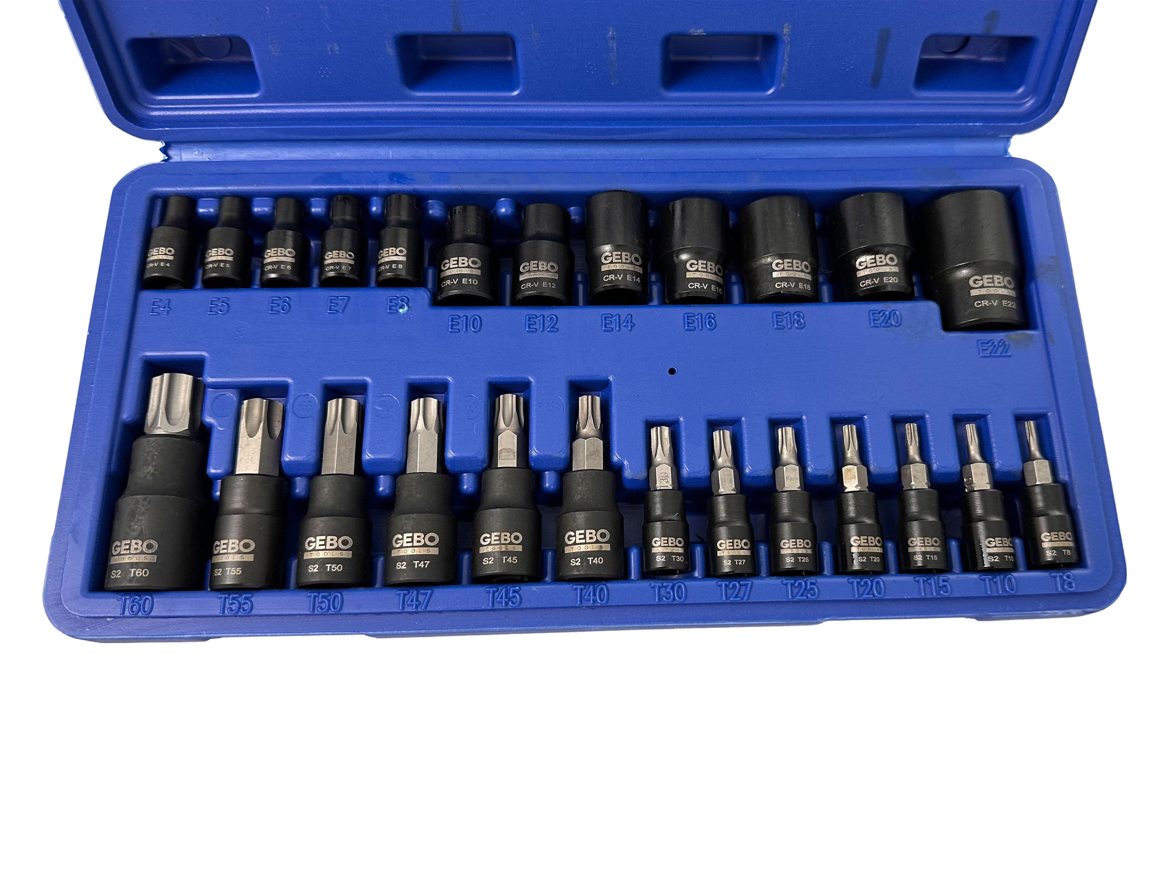 Σετ Μύτες Καρυδάκια Torx T8-T60 Προφίλ Ε Ε4-Ε20 1/4" 3/8" 1/2" 25Τμχ GEBO TOOLS