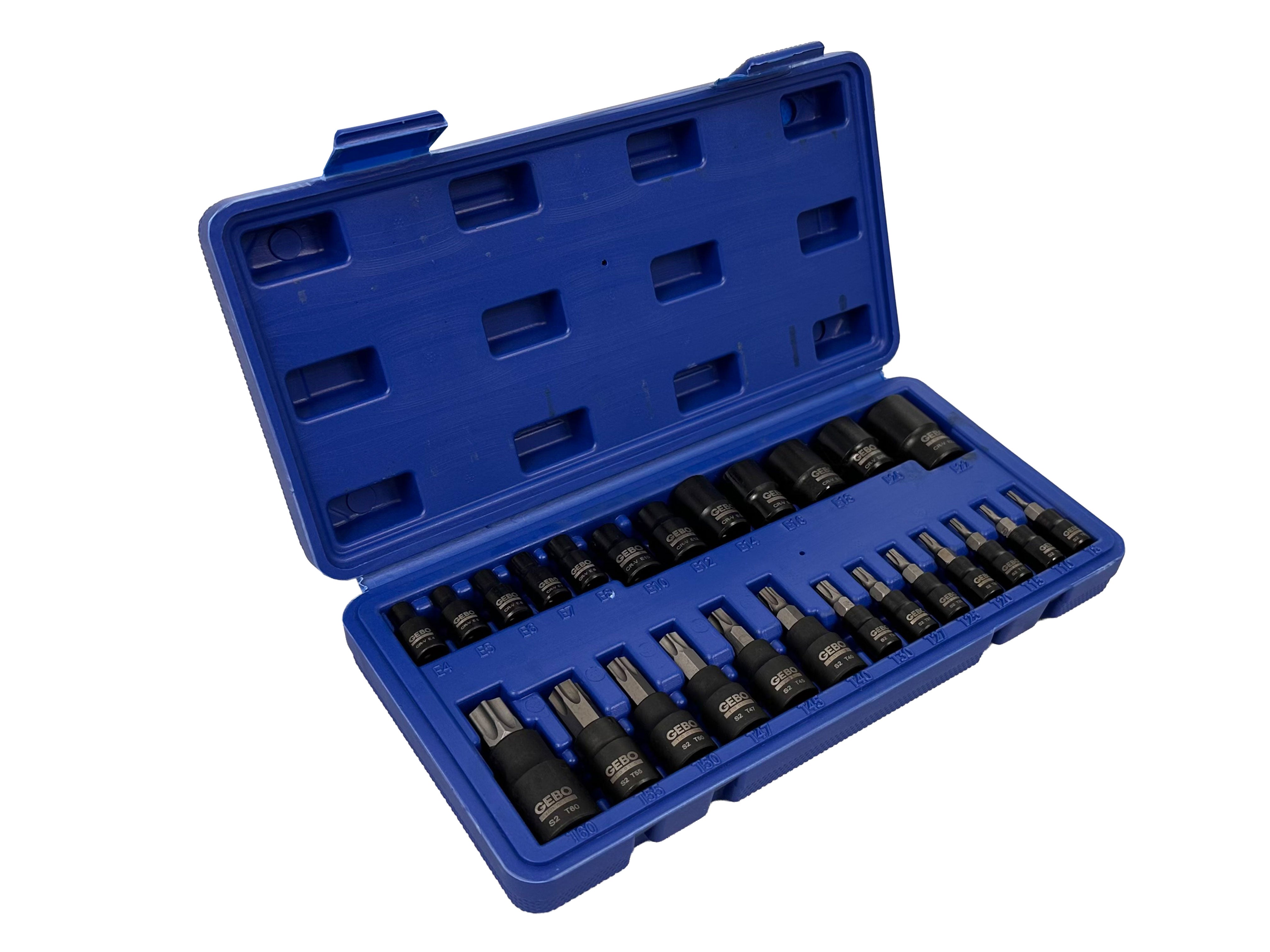 Σετ Μύτες Καρυδάκια Torx T8-T60 Προφίλ Ε Ε4-Ε20 1/4" 3/8" 1/2" 25Τμχ GEBO TOOLS