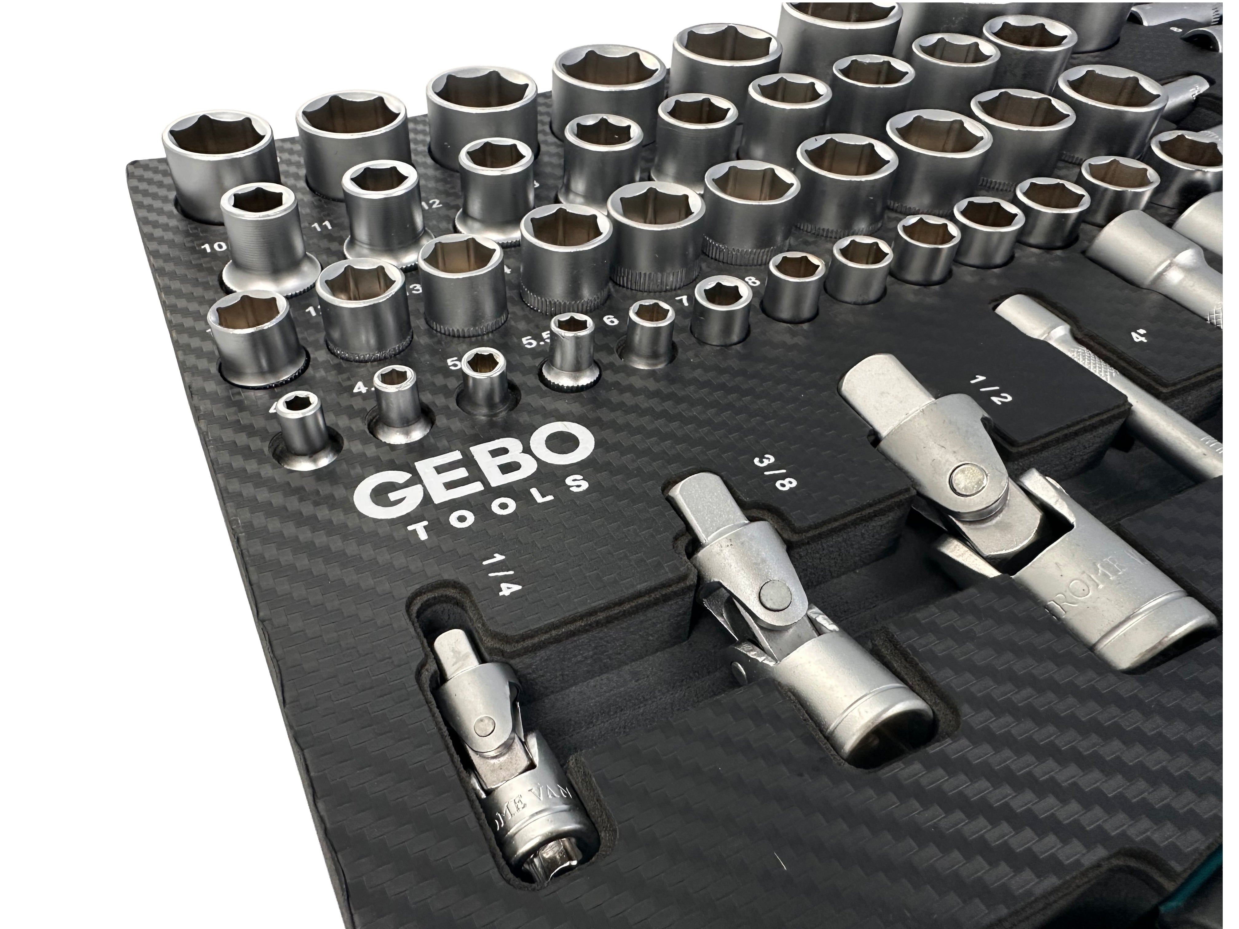 Επαγγελματική Συλλογή 81 Τεμαχίων – Ένθετο Module για Εργαλειοφόρο με Μακριά και Κοντά Καρυδάκια, Μύτες, Προεκτάσεις, Αντάπτορες και Καστάνιες 1/2”, 3/8”, 1/4” CR-V GEBO TOOLS
