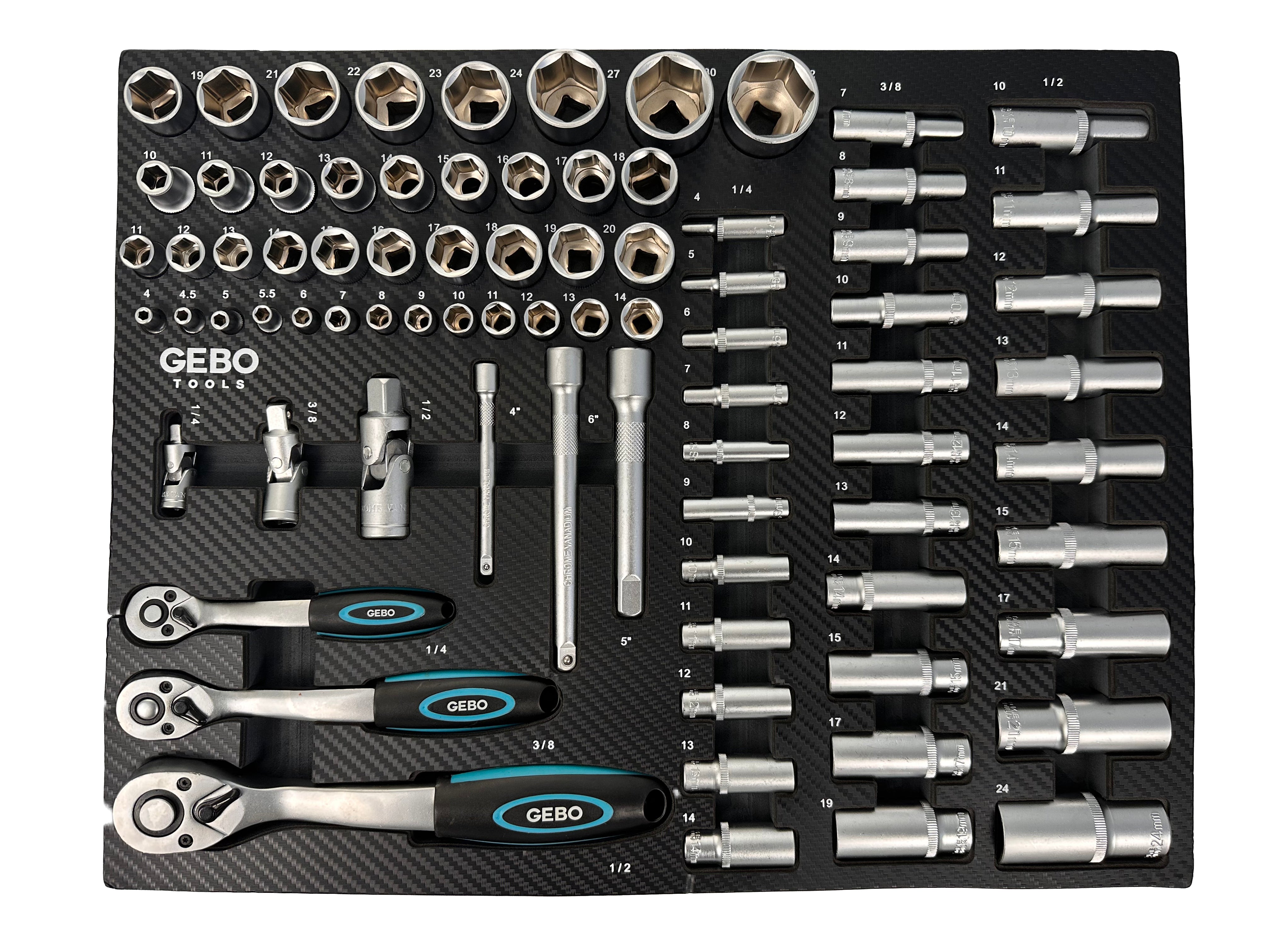 Επαγγελματική Συλλογή 81 Τεμαχίων – Ένθετο Module για Εργαλειοφόρο με Μακριά και Κοντά Καρυδάκια, Μύτες, Προεκτάσεις, Αντάπτορες και Καστάνιες 1/2”, 3/8”, 1/4” CR-V GEBO TOOLS