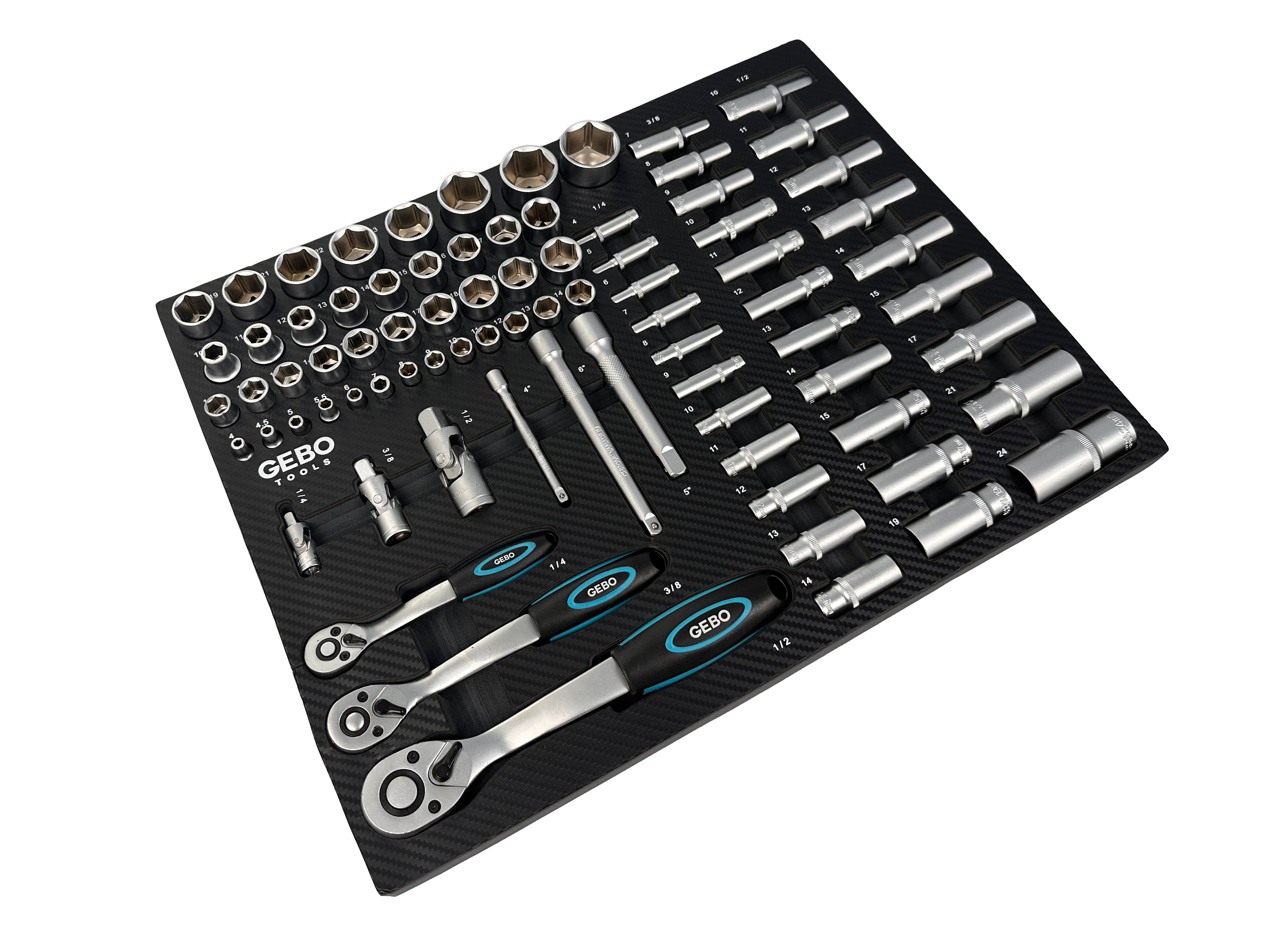 Επαγγελματική Συλλογή 81 Τεμαχίων – Ένθετο Module για Εργαλειοφόρο με Μακριά και Κοντά Καρυδάκια, Μύτες, Προεκτάσεις, Αντάπτορες και Καστάνιες 1/2”, 3/8”, 1/4” CR-V GEBO TOOLS