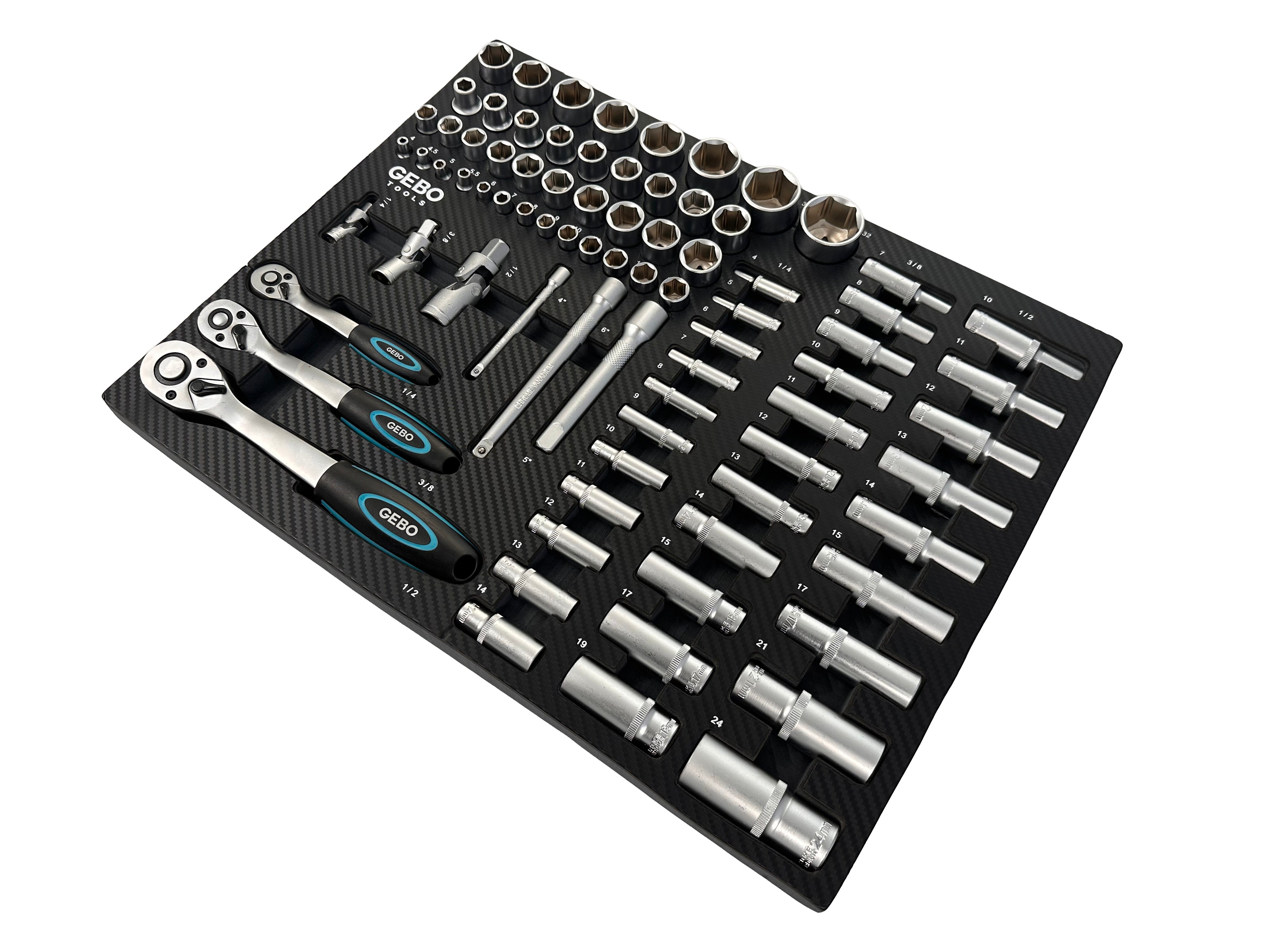 Επαγγελματική Συλλογή 81 Τεμαχίων – Ένθετο Module για Εργαλειοφόρο με Μακριά και Κοντά Καρυδάκια, Μύτες, Προεκτάσεις, Αντάπτορες και Καστάνιες 1/2”, 3/8”, 1/4” CR-V GEBO TOOLS