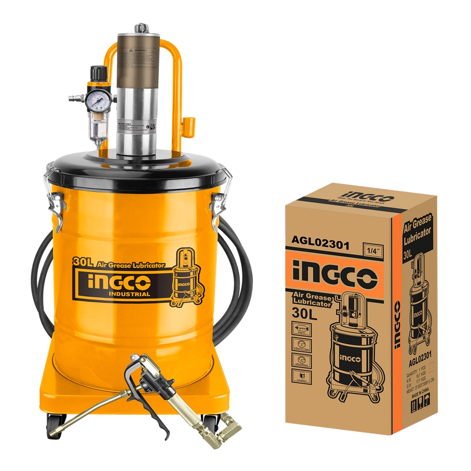 Ingco Γρασαδόρος Αέρος Τροχήλατος 30Lt Με Εύκαμπτο Λάστιχο Μήκους 5M Μέγιστης Πίεσης 6.2Bar