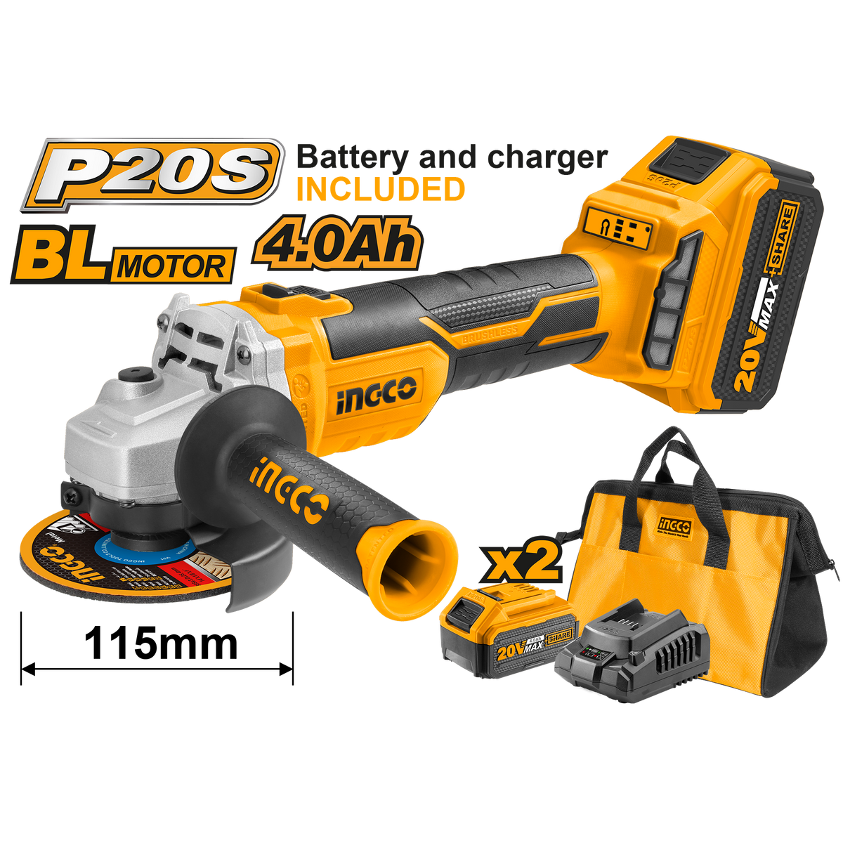 Ingco Επαγγελματικός Γωνιακός Τροχός Τροχός Με 2 Μπαταρίες 4Ah