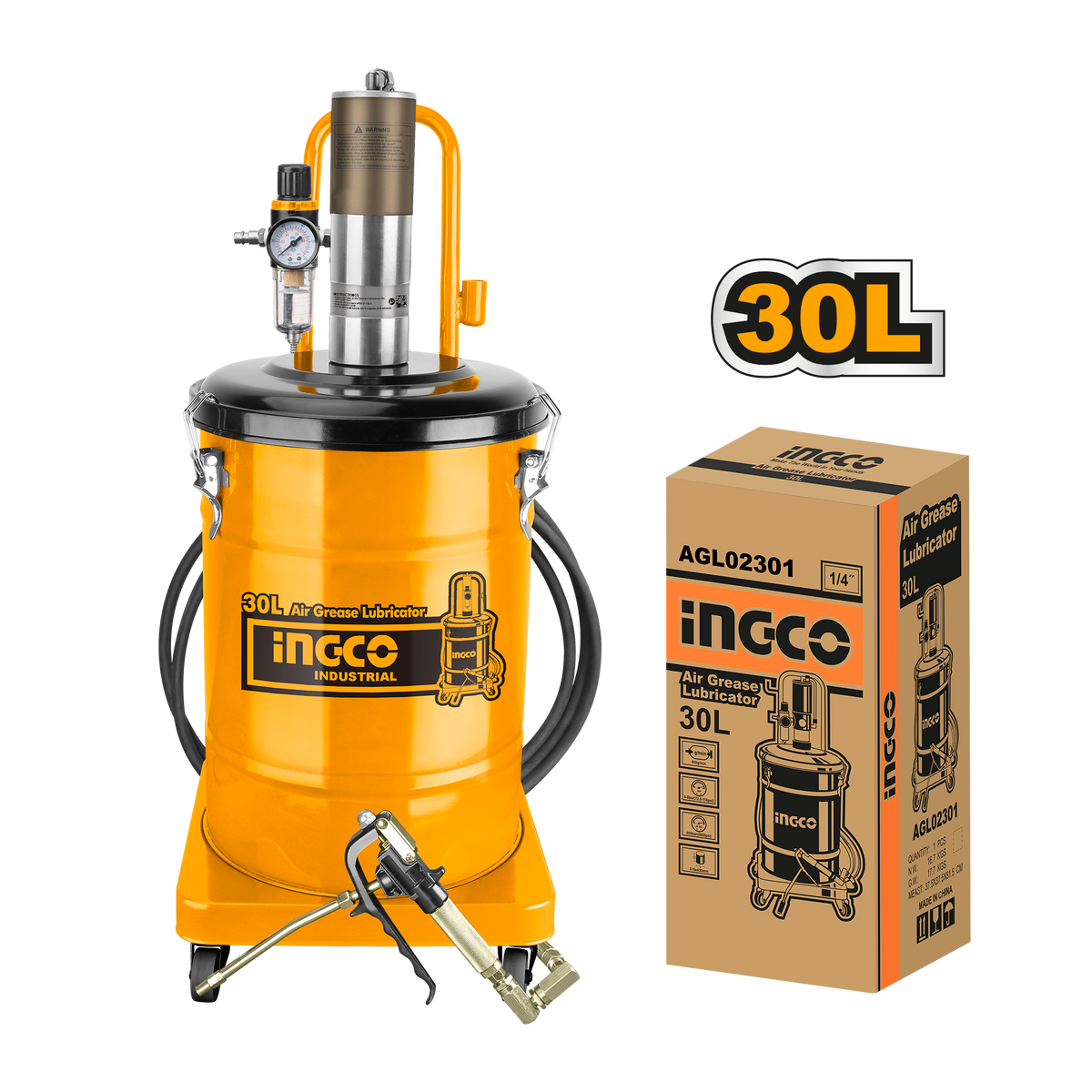 Ingco Γρασαδόρος Αέρος Τροχήλατος 30Lt Με Εύκαμπτο Λάστιχο Μήκους 5M Μέγιστης Πίεσης 6.2Bar