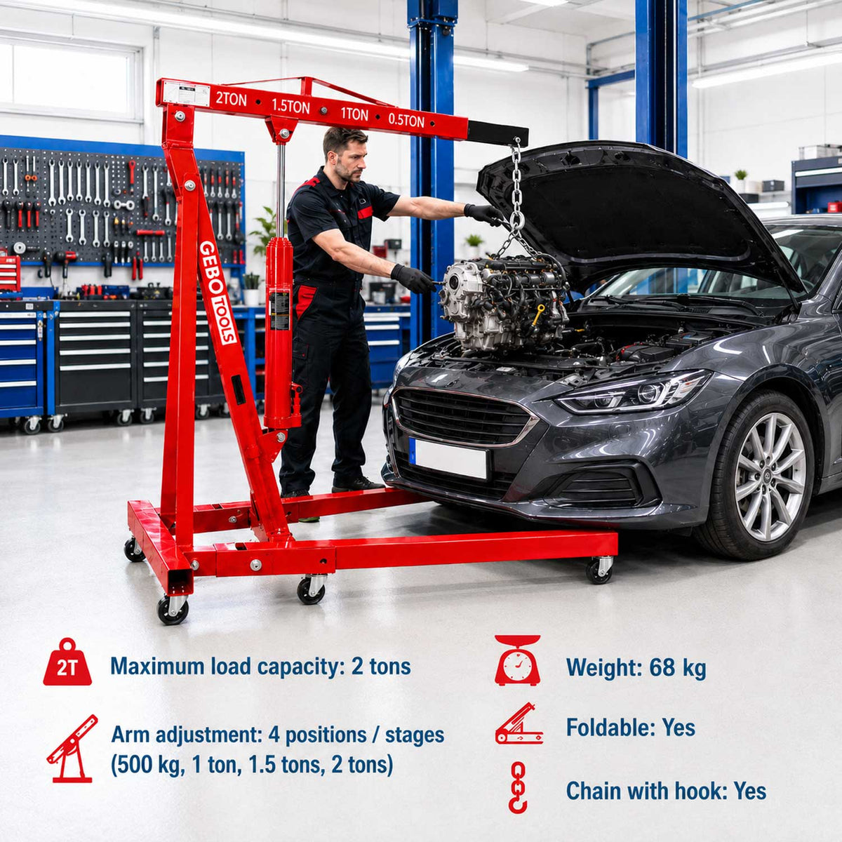 Γερανάκι Ανύψωσης Κινητήρων Υδραυλικό 2T GEBO TOOLS
