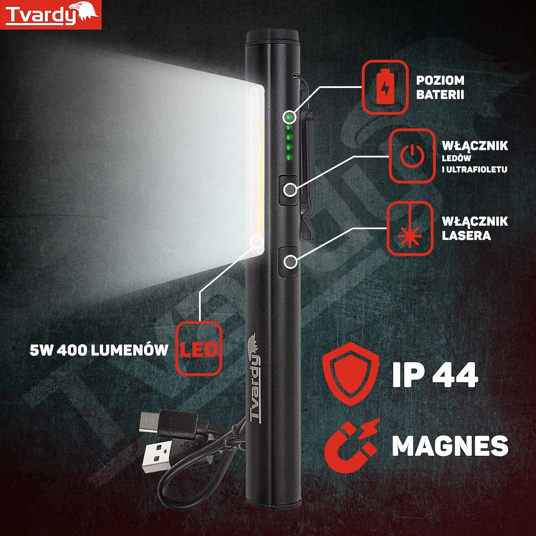 Λάμπα Led Cob Με Laser Και UV Με Μαγνήτη Επαναφορτιζόμενη 5w 400Lumens