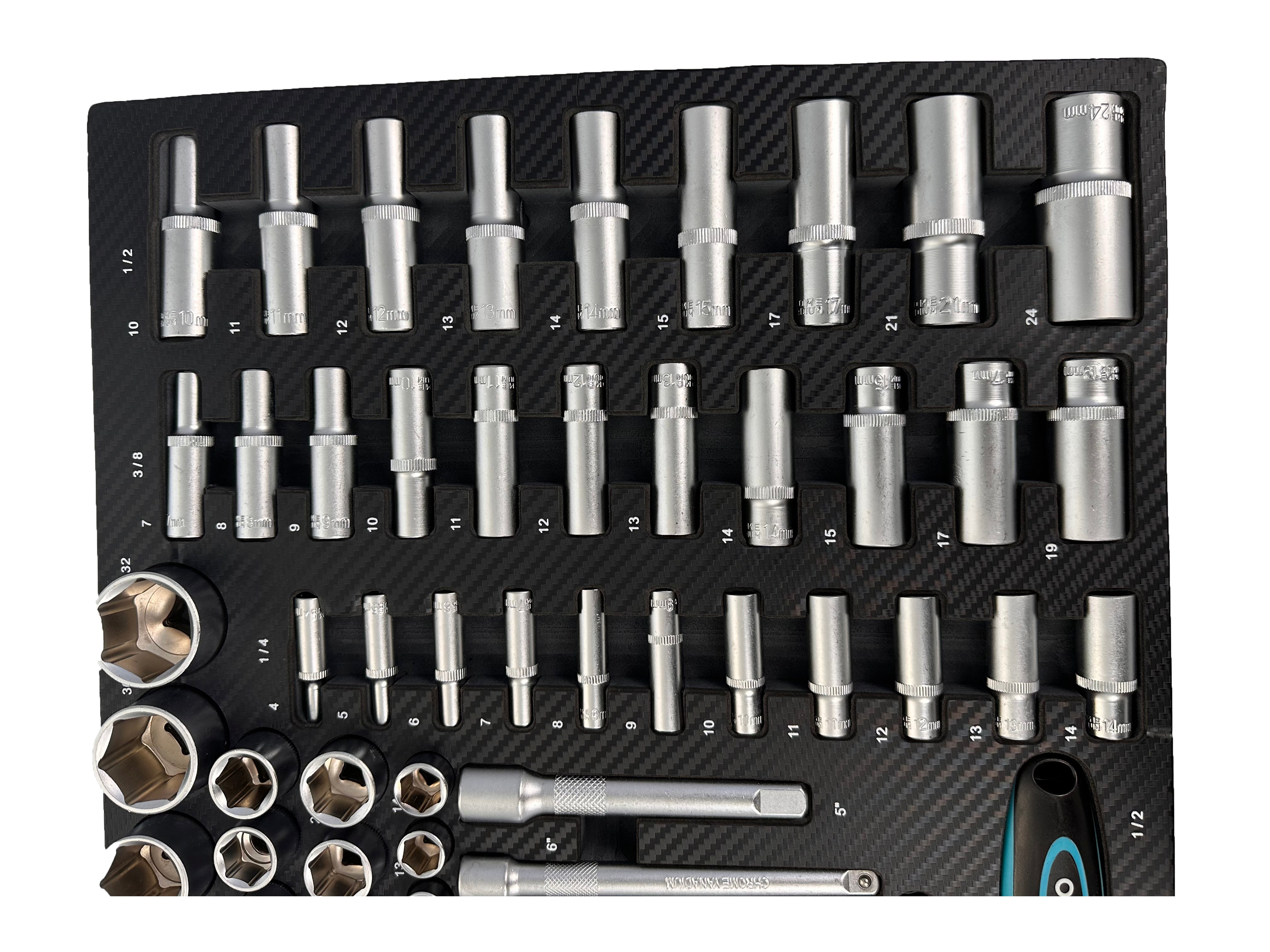 Επαγγελματική Συλλογή 81 Τεμαχίων – Ένθετο Module για Εργαλειοφόρο με Μακριά και Κοντά Καρυδάκια, Μύτες, Προεκτάσεις, Αντάπτορες και Καστάνιες 1/2”, 3/8”, 1/4” CR-V GEBO TOOLS