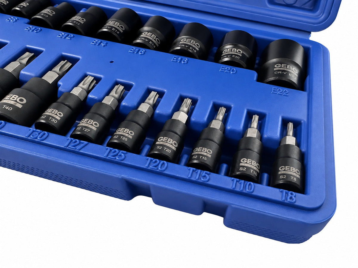 Σετ Μύτες Καρυδάκια Torx T8-T60 Προφίλ Ε Ε4-Ε20 1/4" 3/8" 1/2" 25Τμχ GEBO TOOLS