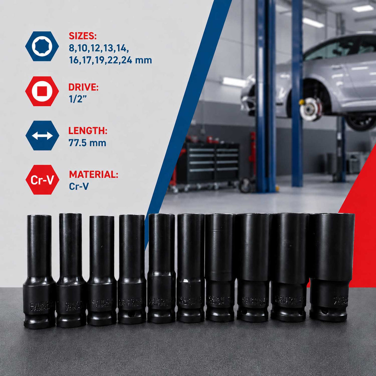Σετ Καρυδάκια 1/2" Μακριά 8-24mm 10 Τμχ GEBO TOOLS