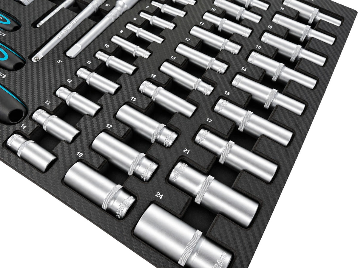 Επαγγελματική Συλλογή 81 Τεμαχίων – Ένθετο Module για Εργαλειοφόρο με Μακριά και Κοντά Καρυδάκια, Μύτες, Προεκτάσεις, Αντάπτορες και Καστάνιες 1/2”, 3/8”, 1/4” CR-V GEBO TOOLS