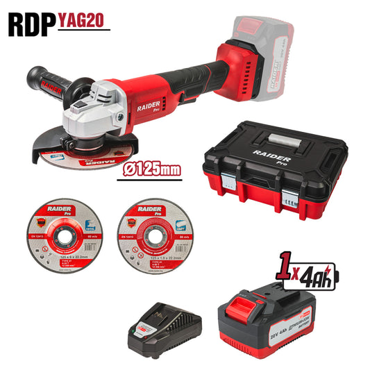 Γωνιακός Τροχός 125mm Με Μπαταρία R20 4Ah 2 Δίσκοι Κοπής Και Πλαστική Θήκη  RAIDER PRO RDP-AG75