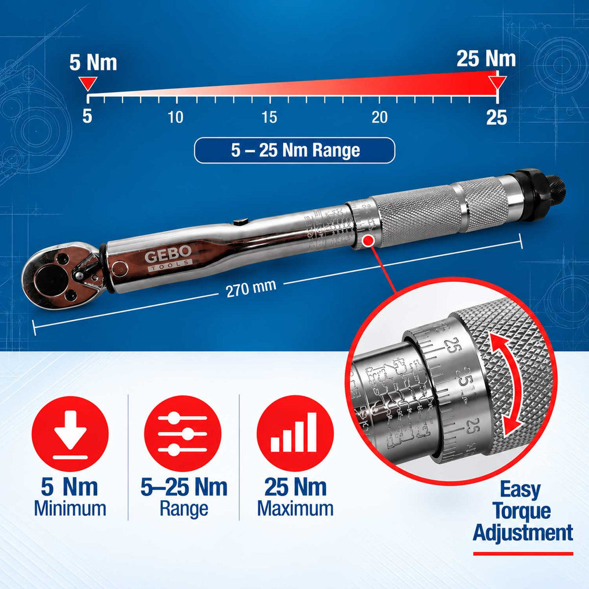 Δυναμόκλειδο-Ροπόκλειδο 1/4" 5-25Nm GEBO TOOLS