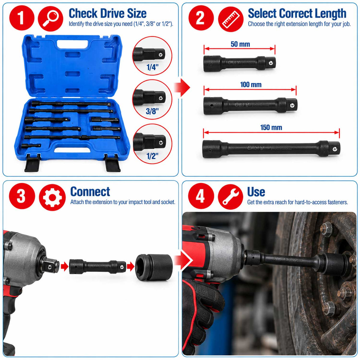 Σετ Προεκτάσεις Για Καρυδάκια 1/4" 3/8" 1/2" 9Τμχ GEBO TOOLS
