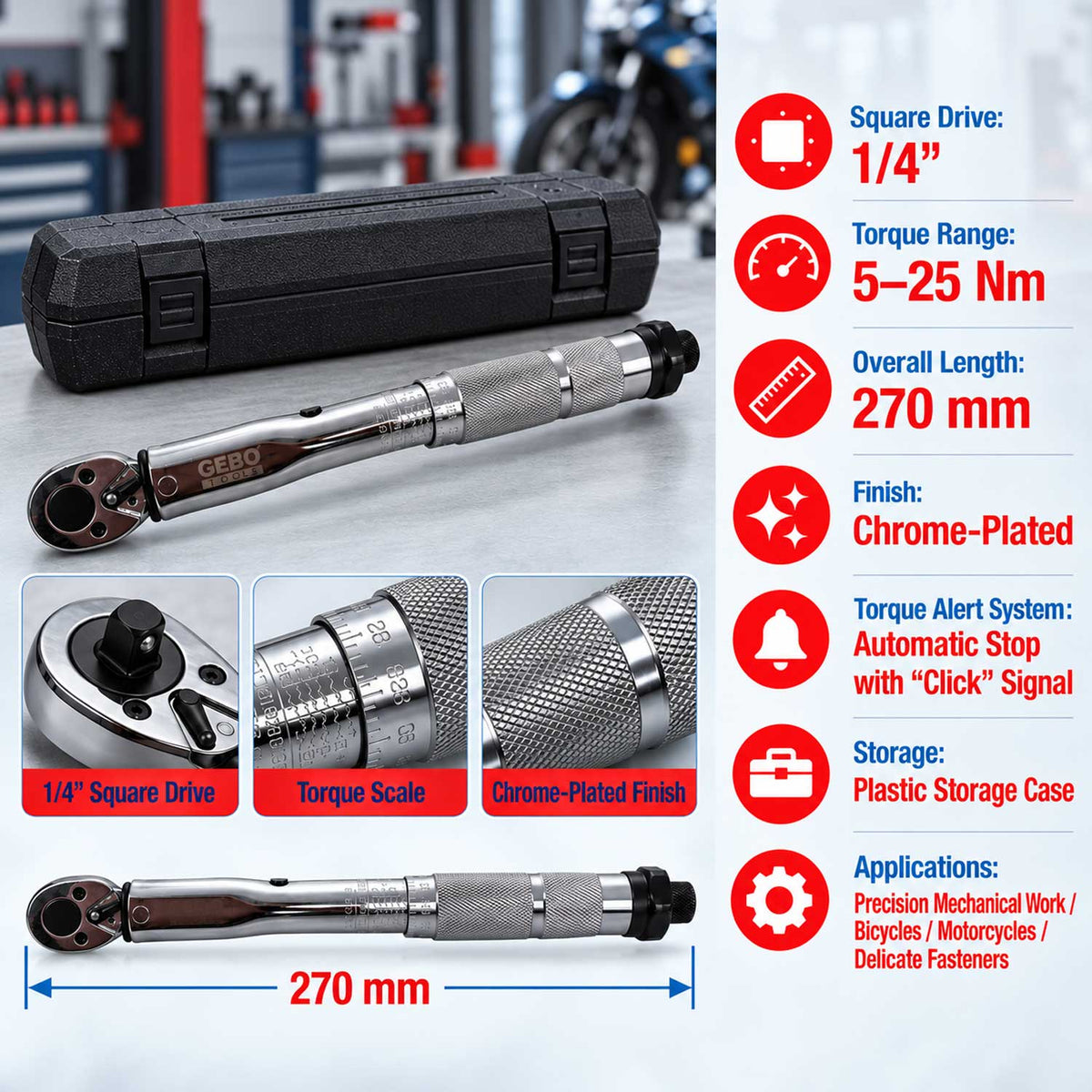 Δυναμόκλειδο-Ροπόκλειδο 1/4" 5-25Nm GEBO TOOLS