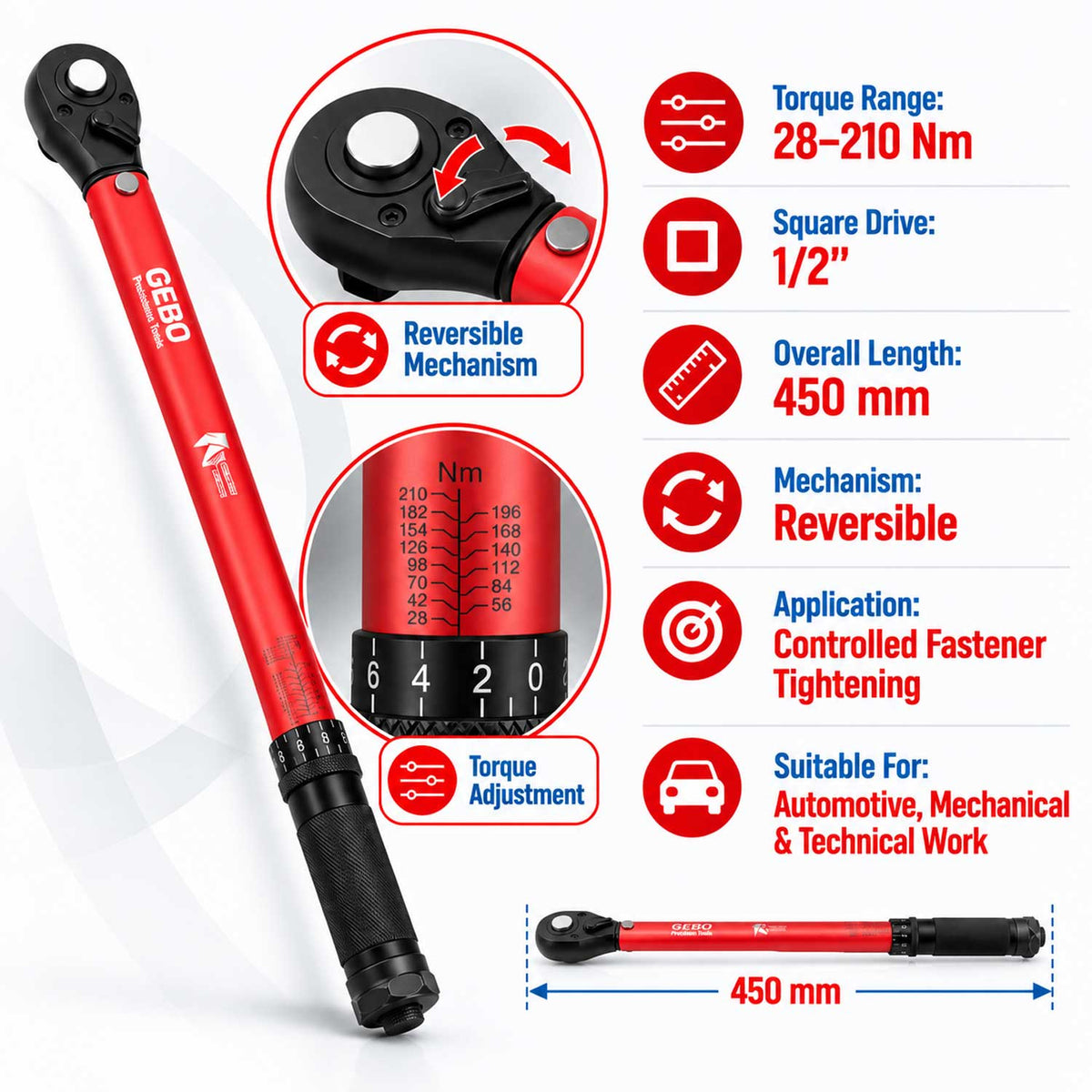 Δυναμόκλειδο-Ροπόκλειδο 1/2" 28-210Νm GEBO TOOLS