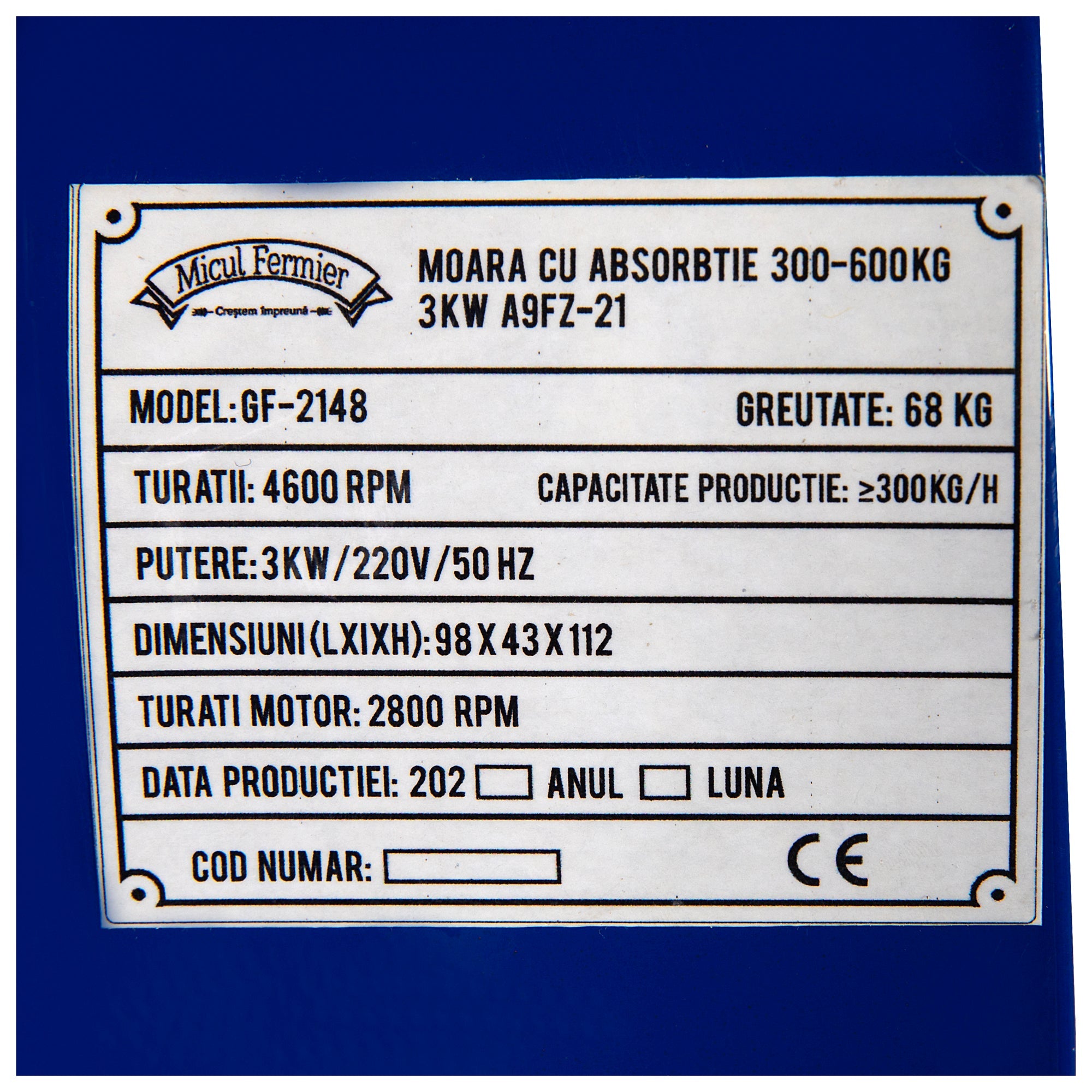 Μυλοσ Δημητριακων Με Αναρροφηση 3Kw 300-600Kg/Ωρα