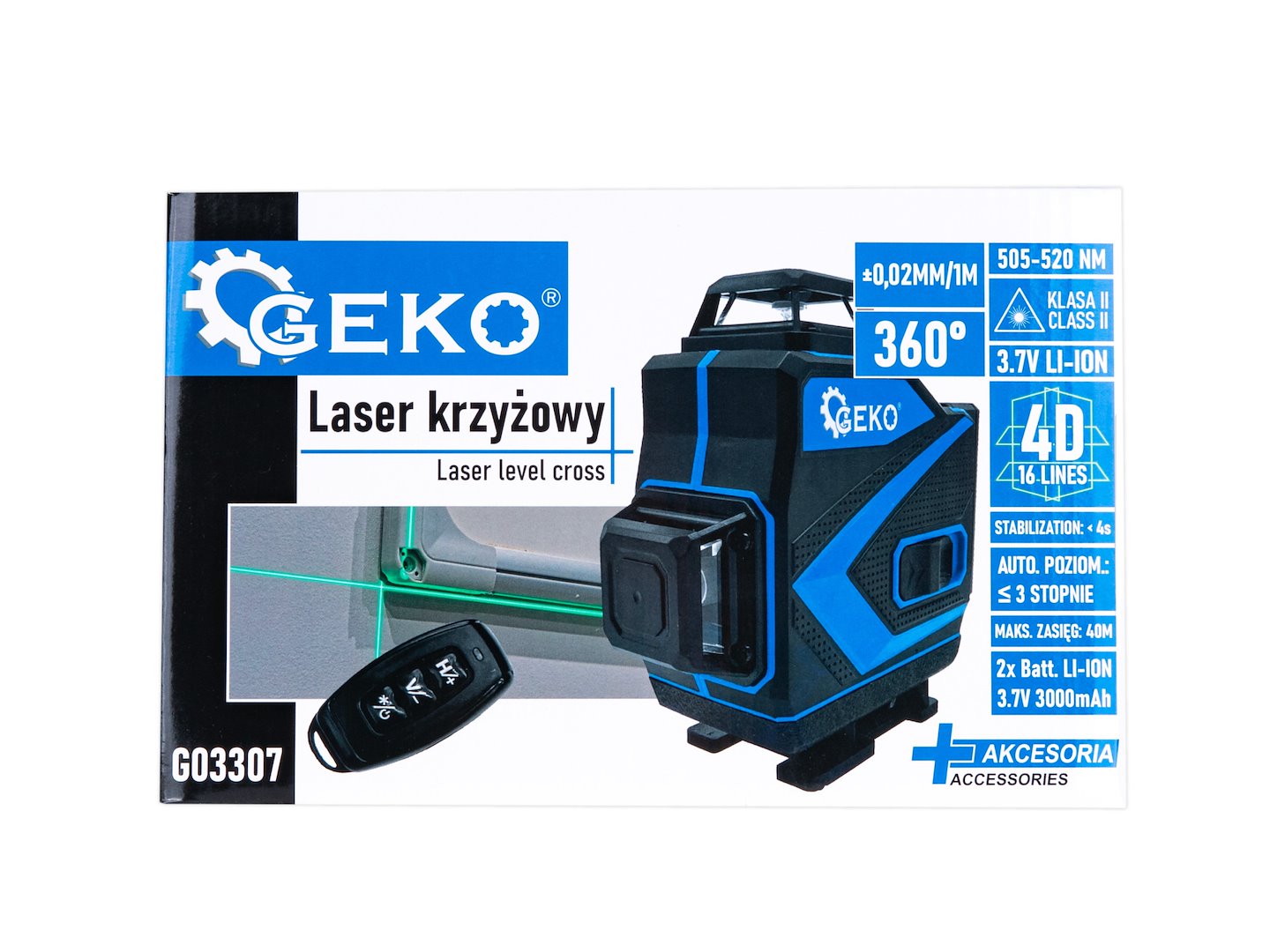 Aλφάδι Laser 360° 4D Με 2 Επαναφορτιζόμενες Μπαταρίες GEKO