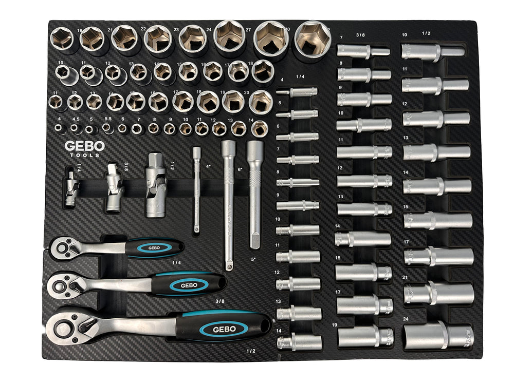 Επαγγελματική Συλλογή 81 Τεμαχίων – Ένθετο Module για Εργαλειοφόρο με Μακριά και Κοντά Καρυδάκια, Μύτες, Προεκτάσεις, Αντάπτορες και Καστάνιες 1/2”, 3/8”, 1/4” CR-V GEBO TOOLS