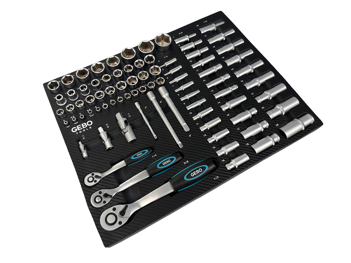 Επαγγελματική Συλλογή 81 Τεμαχίων – Ένθετο Module για Εργαλειοφόρο με Μακριά και Κοντά Καρυδάκια, Μύτες, Προεκτάσεις, Αντάπτορες και Καστάνιες 1/2”, 3/8”, 1/4” CR-V GEBO TOOLS