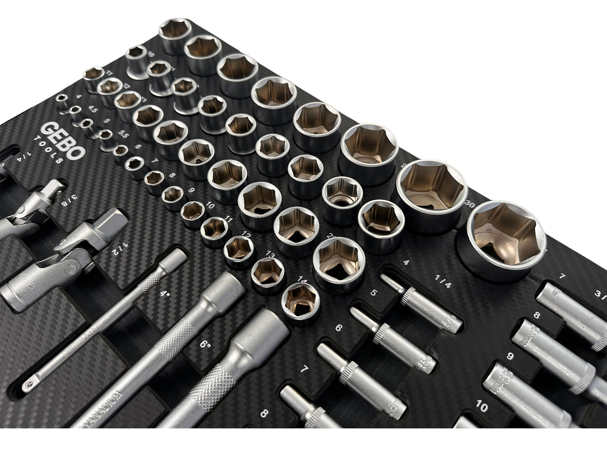 Επαγγελματική Συλλογή 81 Τεμαχίων – Ένθετο Module για Εργαλειοφόρο με Μακριά και Κοντά Καρυδάκια, Μύτες, Προεκτάσεις, Αντάπτορες και Καστάνιες 1/2”, 3/8”, 1/4” CR-V GEBO TOOLS