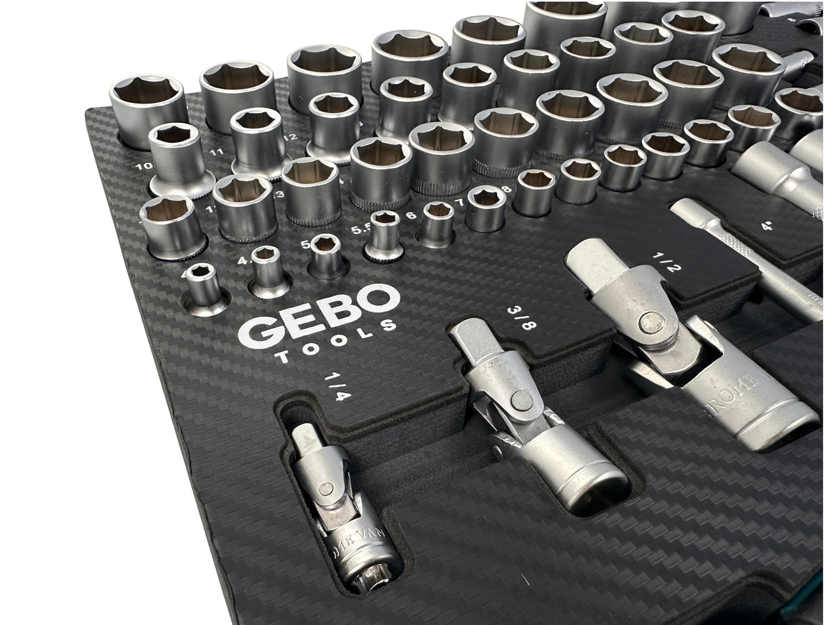 Επαγγελματική Συλλογή 81 Τεμαχίων – Ένθετο Module για Εργαλειοφόρο με Μακριά και Κοντά Καρυδάκια, Μύτες, Προεκτάσεις, Αντάπτορες και Καστάνιες 1/2”, 3/8”, 1/4” CR-V GEBO TOOLS