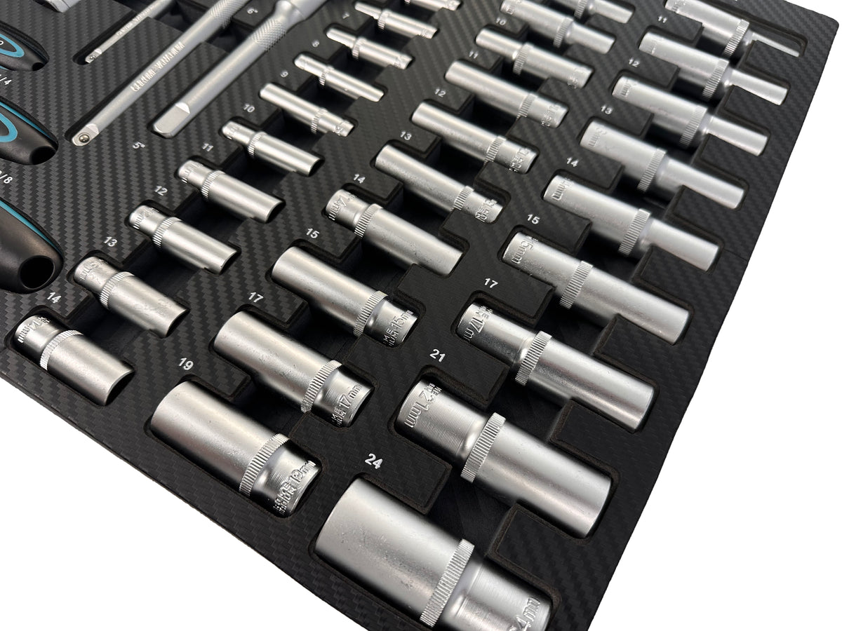 Επαγγελματική Συλλογή 81 Τεμαχίων – Ένθετο Module για Εργαλειοφόρο με Μακριά και Κοντά Καρυδάκια, Μύτες, Προεκτάσεις, Αντάπτορες και Καστάνιες 1/2”, 3/8”, 1/4” CR-V GEBO TOOLS