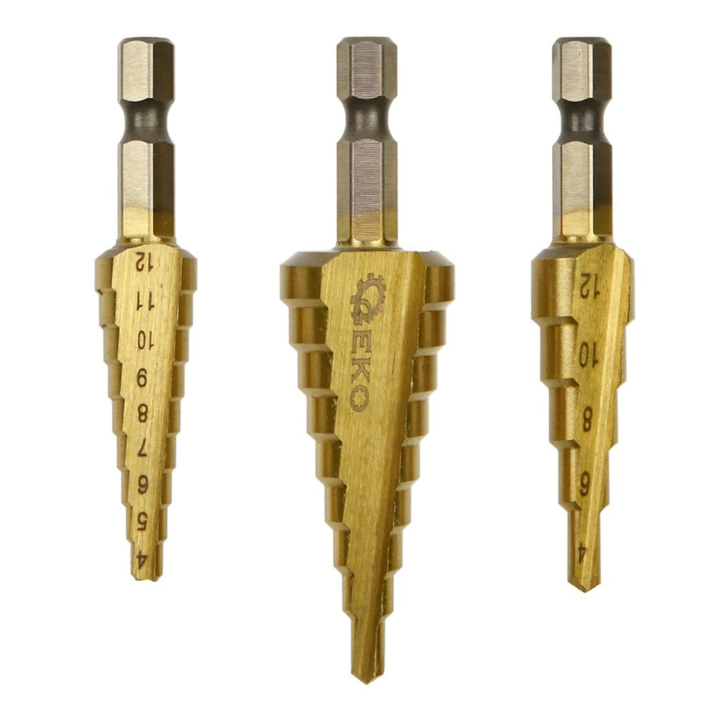 Σετ Κωνικά Τρυπάνια Βαθμιδωτά HSS TiN HEX 1/4" 3-12/4-12/4-20mm 3Tμχ GEKO