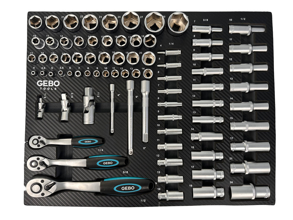 Επαγγελματική Συλλογή 81 Τεμαχίων – Ένθετο Module για Εργαλειοφόρο με Μακριά και Κοντά Καρυδάκια, Μύτες, Προεκτάσεις, Αντάπτορες και Καστάνιες 1/2”, 3/8”, 1/4” CR-V GEBO TOOLS