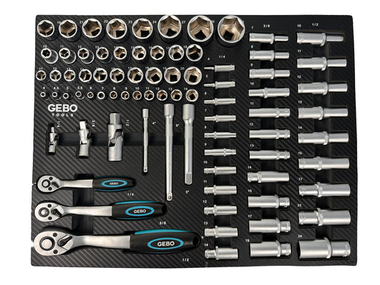 Επαγγελματική Συλλογή 81 Τεμαχίων – Ένθετο Module για Εργαλειοφόρο με Μακριά και Κοντά Καρυδάκια, Μύτες, Προεκτάσεις, Αντάπτορες και Καστάνιες 1/2”, 3/8”, 1/4” CR-V GEBO TOOLS