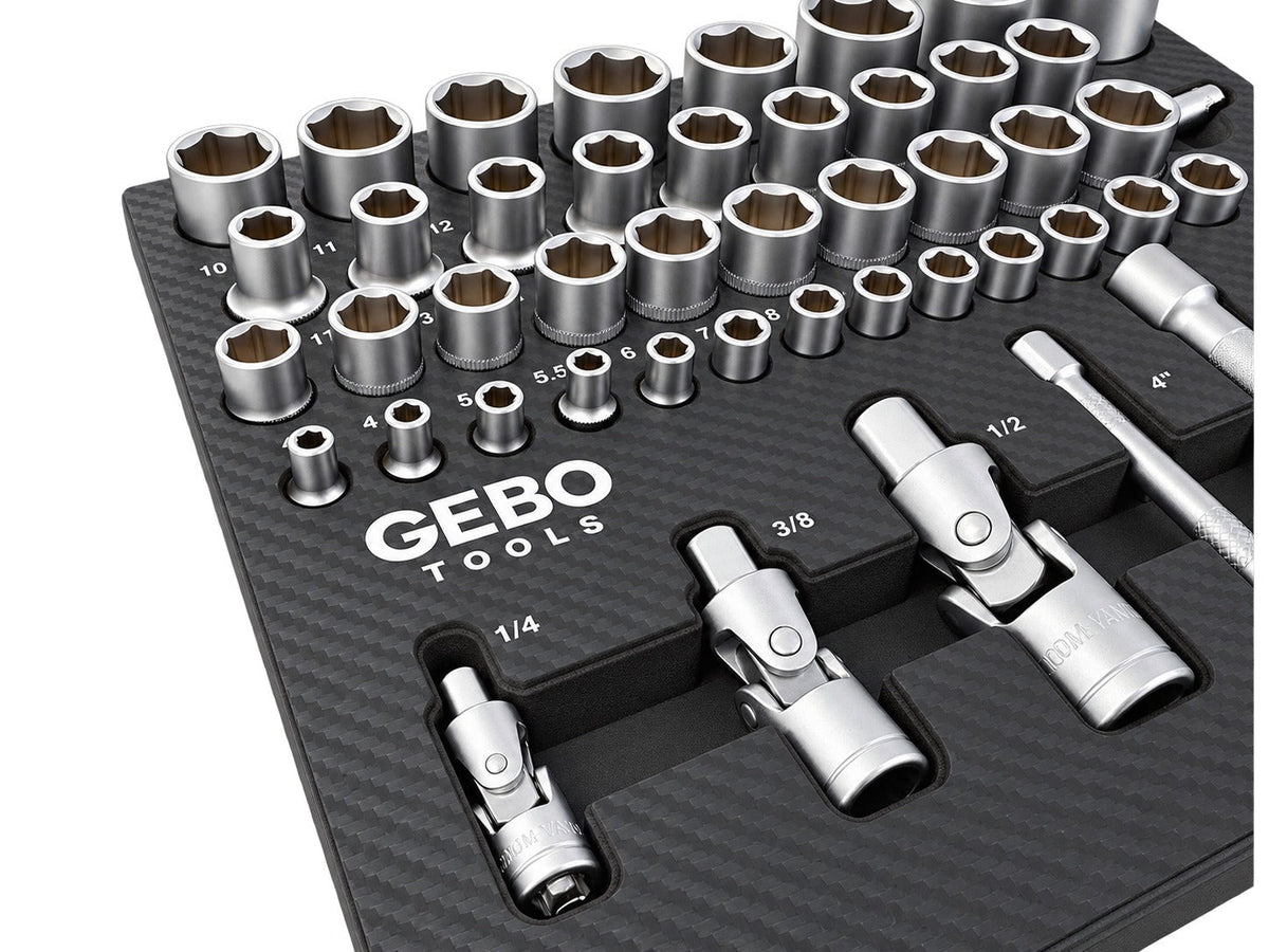 Επαγγελματική Συλλογή 81 Τεμαχίων – Ένθετο Module για Εργαλειοφόρο με Μακριά και Κοντά Καρυδάκια, Μύτες, Προεκτάσεις, Αντάπτορες και Καστάνιες 1/2”, 3/8”, 1/4” CR-V GEBO TOOLS