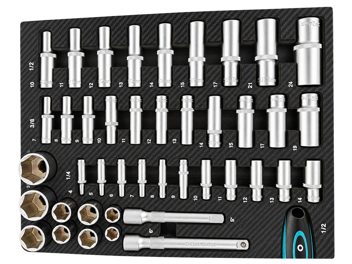 Επαγγελματική Συλλογή 81 Τεμαχίων – Ένθετο Module για Εργαλειοφόρο με Μακριά και Κοντά Καρυδάκια, Μύτες, Προεκτάσεις, Αντάπτορες και Καστάνιες 1/2”, 3/8”, 1/4” CR-V GEBO TOOLS